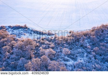 Aerial drone top down fly over frozen winter forest and field. Trees covered with snow and frost. Landscape photography
