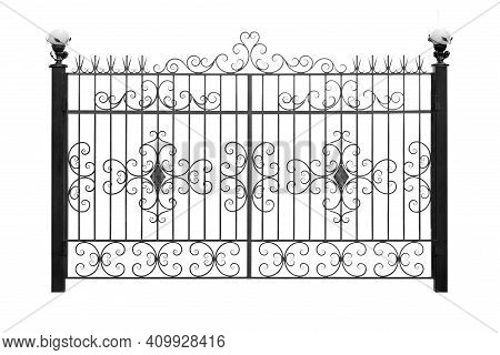 Wrought Iron Gates With Lanterns.  Isolated Over White Background.