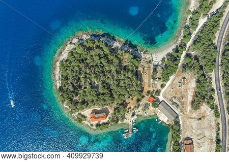 Aerial Overhead Drone Shot Of Penisula On Vis Island In Adriatic Sea In Croatia Summer