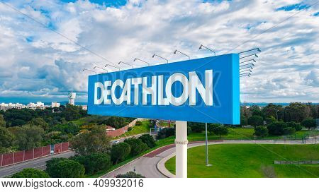 Aerial View Of Huge Advertisement Of Decathlon Store. Decathlon Logo. The Largest Sporting Goods Ret