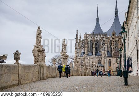 St. Barbara's Church, Unique Gothic Cathedral And Former Jesuit College, Gallery With Baroque Statue