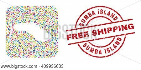 Vector Mosaic Sumba Island Map Of Navigation Arrows And Grunge Free Shipping Badge. Mosaic Geographi