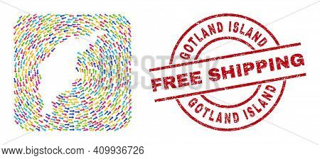 Vector Mosaic Gotland Island Map Of Pointing Arrows And Rubber Free Shipping Seal Stamp. Mosaic Geog