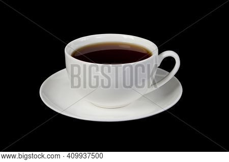 White Cup With Tea On A Black Isolated Background