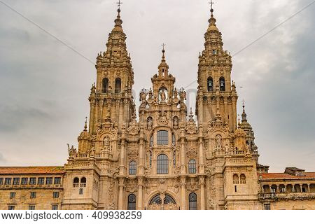 Santiago De Compostela Cathedral View From Obradoiro Square. Cathedral Of Saint James, Spain. Galici