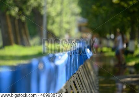 Vadul lui Voda, Criuleni, Moldova, June 2020: Metal water barriers to prevent flood caused by Dniester river spill after heavy rains set in Vadul lui Voda beach area