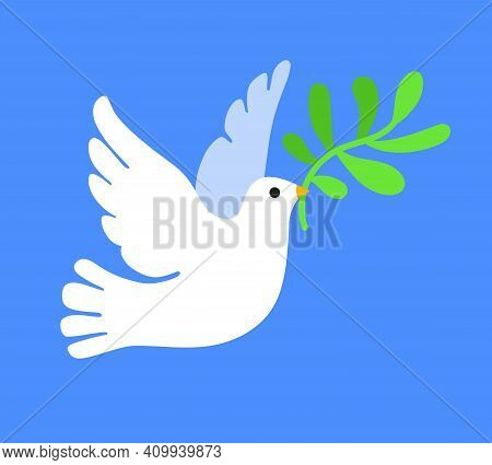 White Dove In Flight Holding An Olive Branch. Concept Of Peace. Vector Illustration On Blue Backgrou