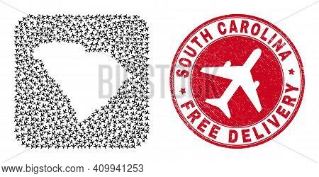 Vector Mosaic South Carolina State Map Of Airplane Elements And Grunge Free Delivery Seal Stamp.