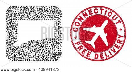 Vector Mosaic Connecticut State Map Of Airplane Items And Grunge Free Delivery Seal Stamp.