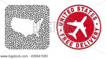 Vector Collage United States Map Of Airliner Elements And Grunge Free Delivery Seal Stamp.