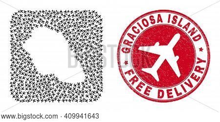 Vector Collage Graciosa Island Map Of Aviation Items And Grunge Free Delivery Seal.