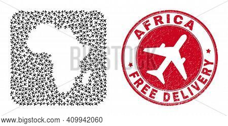 Vector Collage Africa Map Of Air Plane Items And Grunge Free Delivery Seal. Collage Geographic Afric