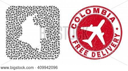 Vector Mosaic Colombia Map Of Jet Vehicle Elements And Grunge Free Delivery Seal. Mosaic Geographic 