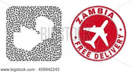 Vector Collage Zambia Map Of Aeroplane Items And Grunge Free Delivery Stamp. Collage Geographic Zamb