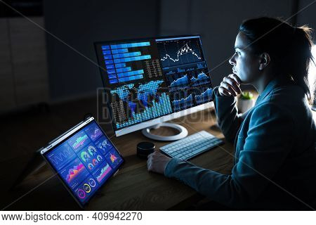 Business Woman Analyst Using Kpi Data On Computer