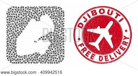 Vector Mosaic Djibouti Map Of Airplane Items And Grunge Free Delivery Stamp. Mosaic Geographic Djibo