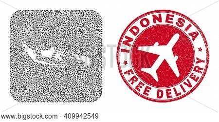 Vector Mosaic Indonesia Map Of Aeroplane Items And Grunge Free Delivery Seal. Mosaic Geographic Indo