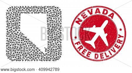 Vector Mosaic Nevada State Map Of Airplane Items And Grunge Free Delivery Badge.