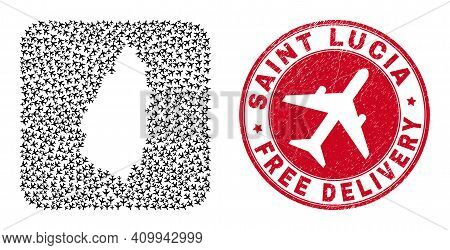 Vector Mosaic Saint Lucia Island Map Of Aeroplane Items And Grunge Free Delivery Stamp.