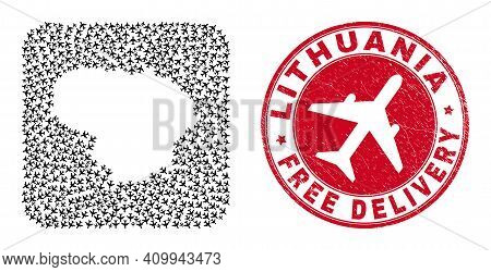Vector Collage Lithuania Map Of Air Plane Elements And Grunge Free Delivery Stamp. Collage Geographi