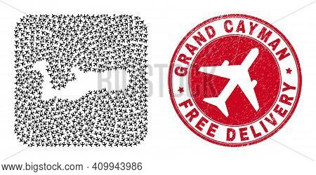Vector Collage Grand Cayman Island Map Of Aircraft Elements And Grunge Free Delivery Seal.