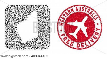 Vector Collage Western Australia Map Of Air Plane Items And Grunge Free Delivery Badge. Collage Geog