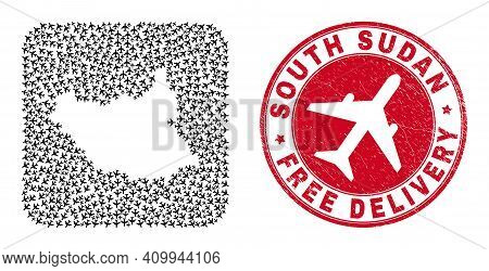 Vector Mosaic South Sudan Map Of Aviation Items And Grunge Free Delivery Badge. Mosaic Geographic So