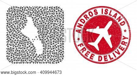 Vector Mosaic Andros Island Of Bahamas Map Of Air Plane Items And Grunge Free Delivery Stamp.