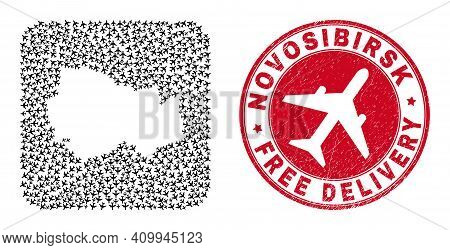 Vector Mosaic Novosibirsk Region Map Of Aeroplane Items And Grunge Free Delivery Badge.