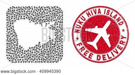 Vector Mosaic Nuku Hiva Island Map Of Air Plane Items And Grunge Free Delivery Seal.