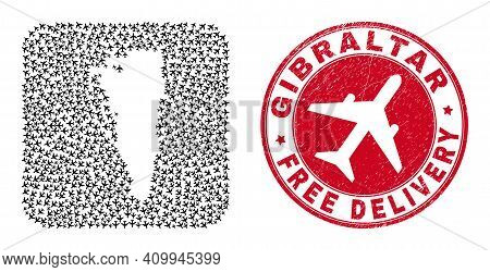 Vector Collage Gibraltar Map Of Airplane Items And Grunge Free Delivery Stamp. Collage Geographic Gi