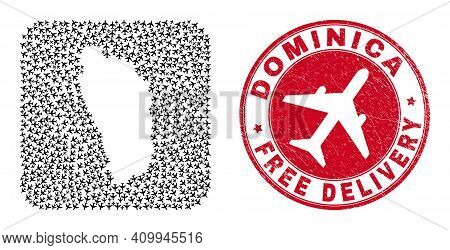 Vector Mosaic Dominica Island Map Of Aeroplane Elements And Grunge Free Delivery Badge.