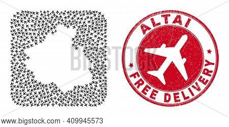 Vector Collage Altai Republic Map Of Jet Vehicle Items And Grunge Free Delivery Badge.