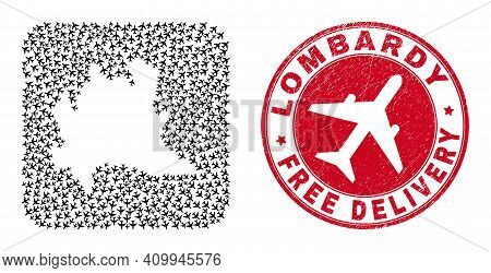 Vector Mosaic Lombardy Region Map Of Jet Vehicle Elements And Grunge Free Delivery Seal Stamp.
