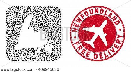 Vector Mosaic Newfoundland Island Map Of Air Force Items And Grunge Free Delivery Stamp.