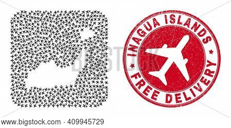 Vector Mosaic Inagua Islands Map Of Aviation Items And Grunge Free Delivery Badge.