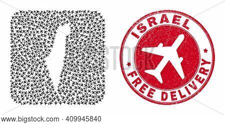 Vector Mosaic Israel Map Of Aviation Elements And Grunge Free Delivery Seal Stamp. Collage Geographi