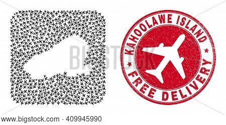 Vector Mosaic Kahoolawe Island Map Of Air Plane Elements And Grunge Free Delivery Stamp.