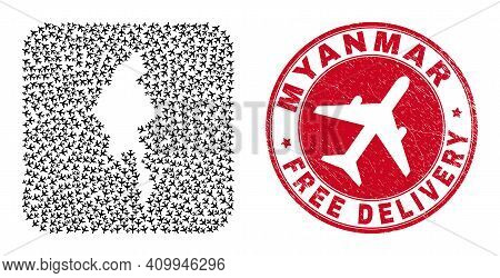 Vector Collage Myanmar Map Of Airliner Items And Grunge Free Delivery Seal Stamp. Collage Geographic