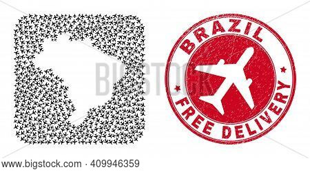 Vector Mosaic Brazil Map Of Aircraft Elements And Grunge Free Delivery Badge. Mosaic Geographic Braz