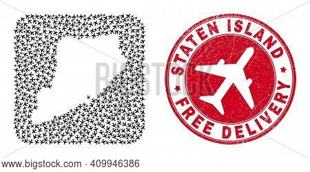 Vector Collage Staten Island Map Of Jet Vehicle Elements And Grunge Free Delivery Stamp. Mosaic Geog