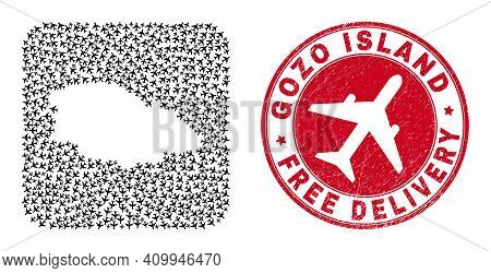 Vector Collage Gozo Island Map Of Aircraft Elements And Grunge Free Delivery Stamp. Collage Geograph