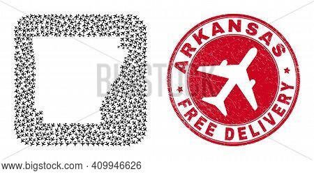 Vector Collage Arkansas State Map Of Airliner Elements And Grunge Free Delivery Badge.