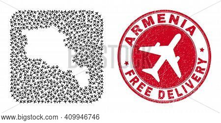 Vector Collage Armenia Map Of Air Force Items And Grunge Free Delivery Stamp. Mosaic Geographic Arme