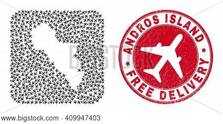 Vector Mosaic Andros Island Of Greece Map Of Aircraft Elements And Grunge Free Delivery Badge.