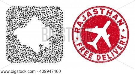 Vector Mosaic Rajasthan State Map Of Airplane Elements And Grunge Free Delivery Badge.