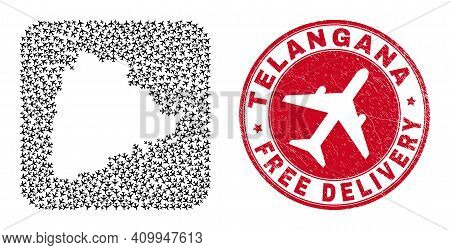 Vector Mosaic Telangana State Map Of Airliner Elements And Grunge Free Delivery Stamp.