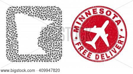 Vector Mosaic Minnesota State Map Of Airliner Elements And Grunge Free Delivery Stamp.