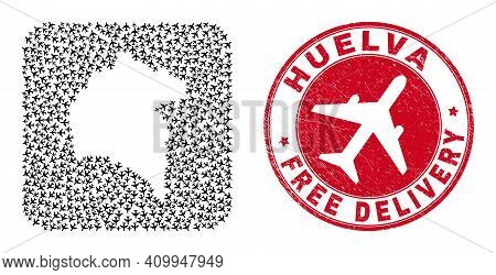 Vector Collage Huelva Province Map Of Air Plane Elements And Grunge Free Delivery Badge.