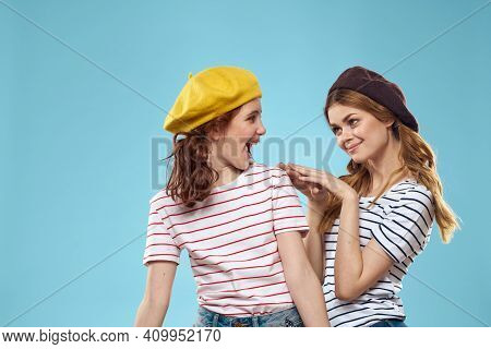 Funny Mom And Daughter Fashion Studio Lifestyle Fun Blue Background Family